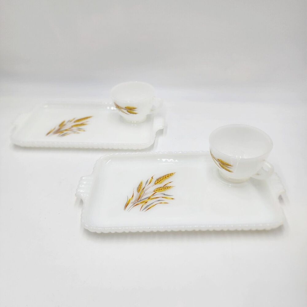 Vtg Set 2 Anchor Hocking Sip N Snack Plate Dish Cup White Milk Glass Wheat 1950s